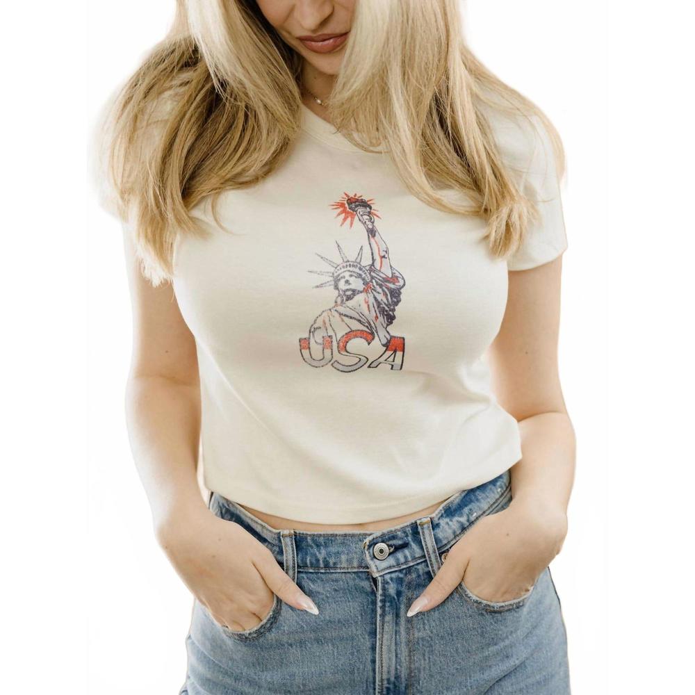 NEW LIVYLU miss liberty micro cropped tee in off white
